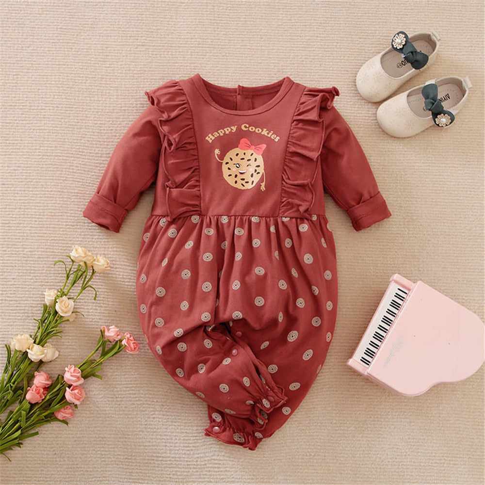 Cute Girls' Jumpsuit with Ruffles and Cookie Print - Perfect for Newborns, Toddlers, and Kids