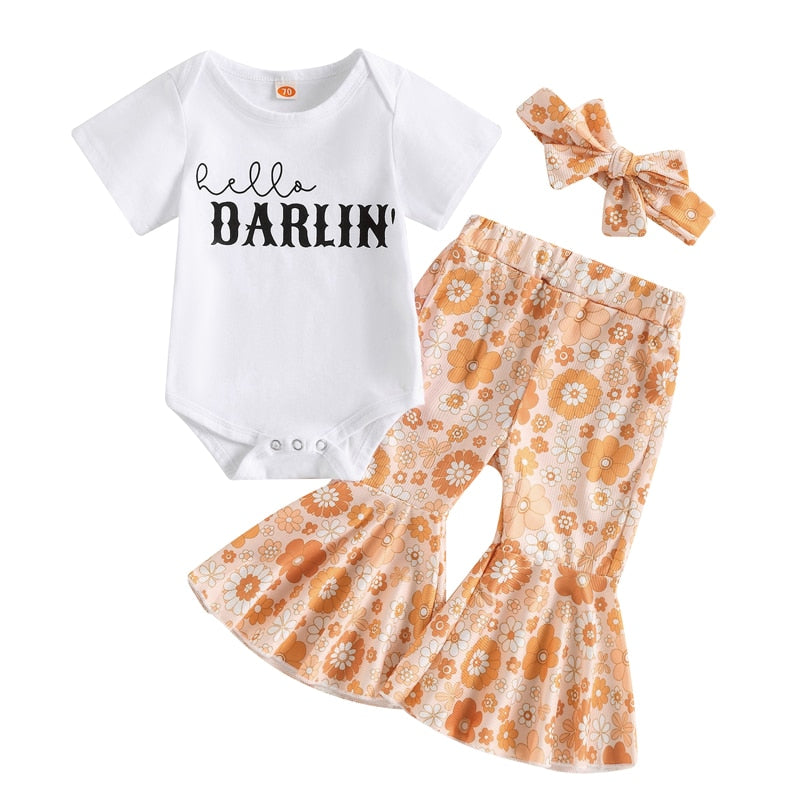 Summer Newborn Baby Girls Clothes Sets with Letter Print Rompers and Floral Flare Pants