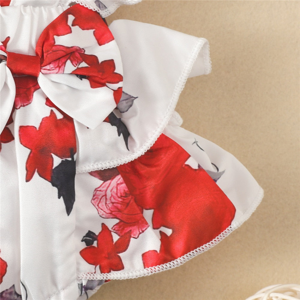 Sweet Flowers Printed Infant Rompers with Bowtie for Baby Girls