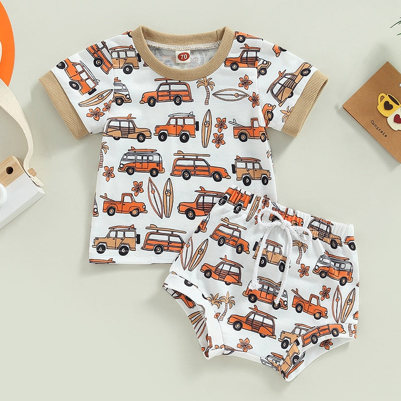 Summer Toddler Newborn Baby Boys Clothes Cartoon Car Print Short Sleeve T-shirts+High Waist Shorts Holiday Beach Outfits