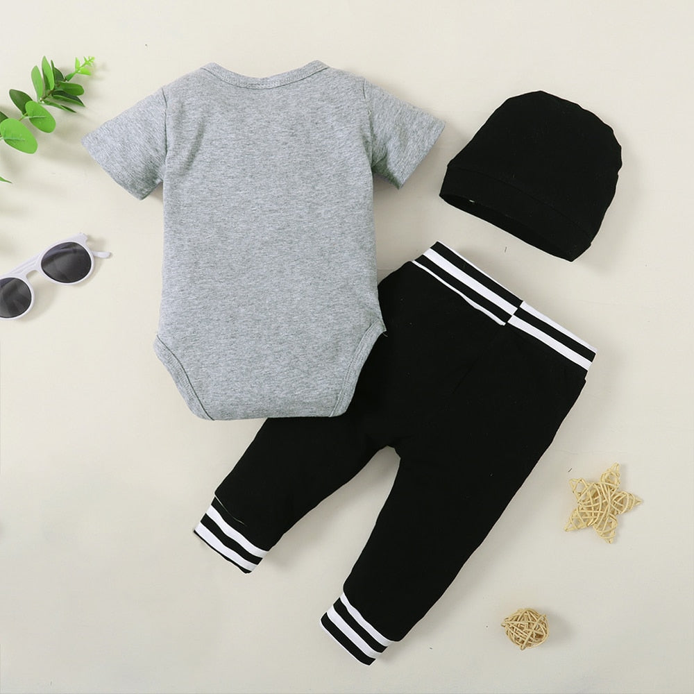 3pcs Cotton Short Sleeved Rompers Shirts + Pants + Hat Suit for Baby Boy Kid Clothes