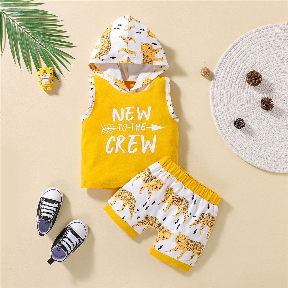 Summer Hooded Top and Shorts Set with Cartoon Prints for Baby Boys