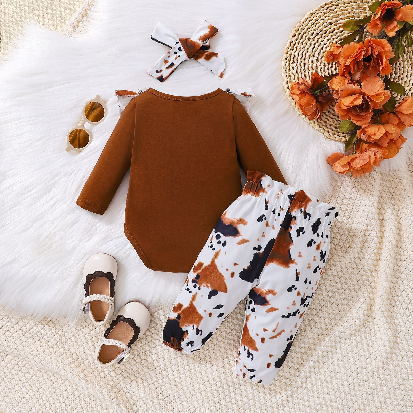 Adorable 3Pcs Baby Girls Fall Outfit Set with Letter Print Romper and Cow Print Pants