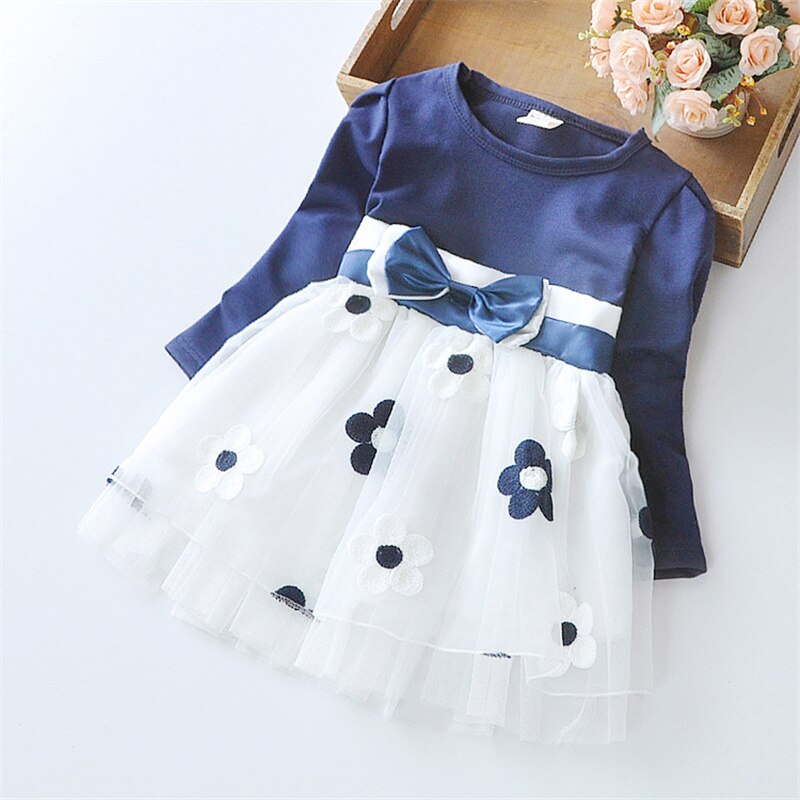 Spring Flower Dresses for Baby Girls with Long Sleeve and Bow Knot