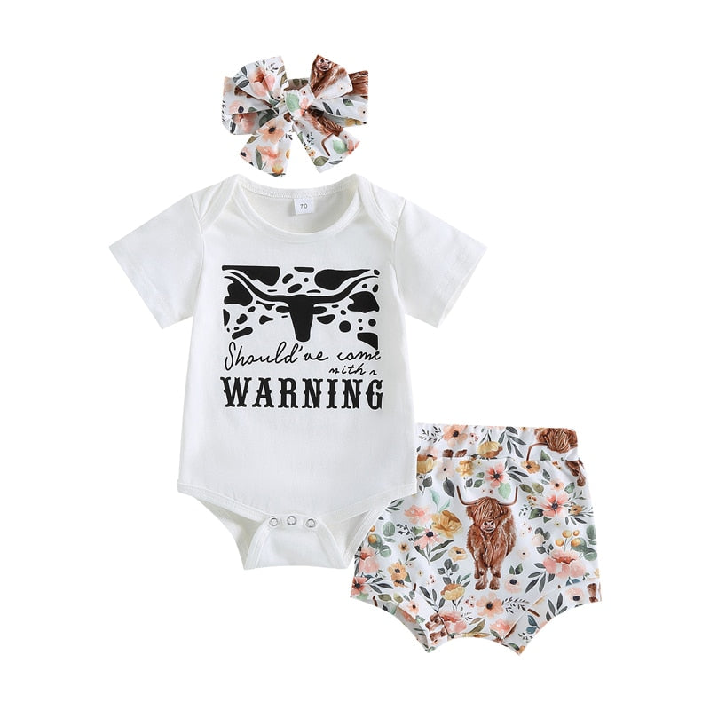 Adorable Summer Outfits for Newborn Baby Girls: Cow Letter Print Bodysuits and High Waist Shorts