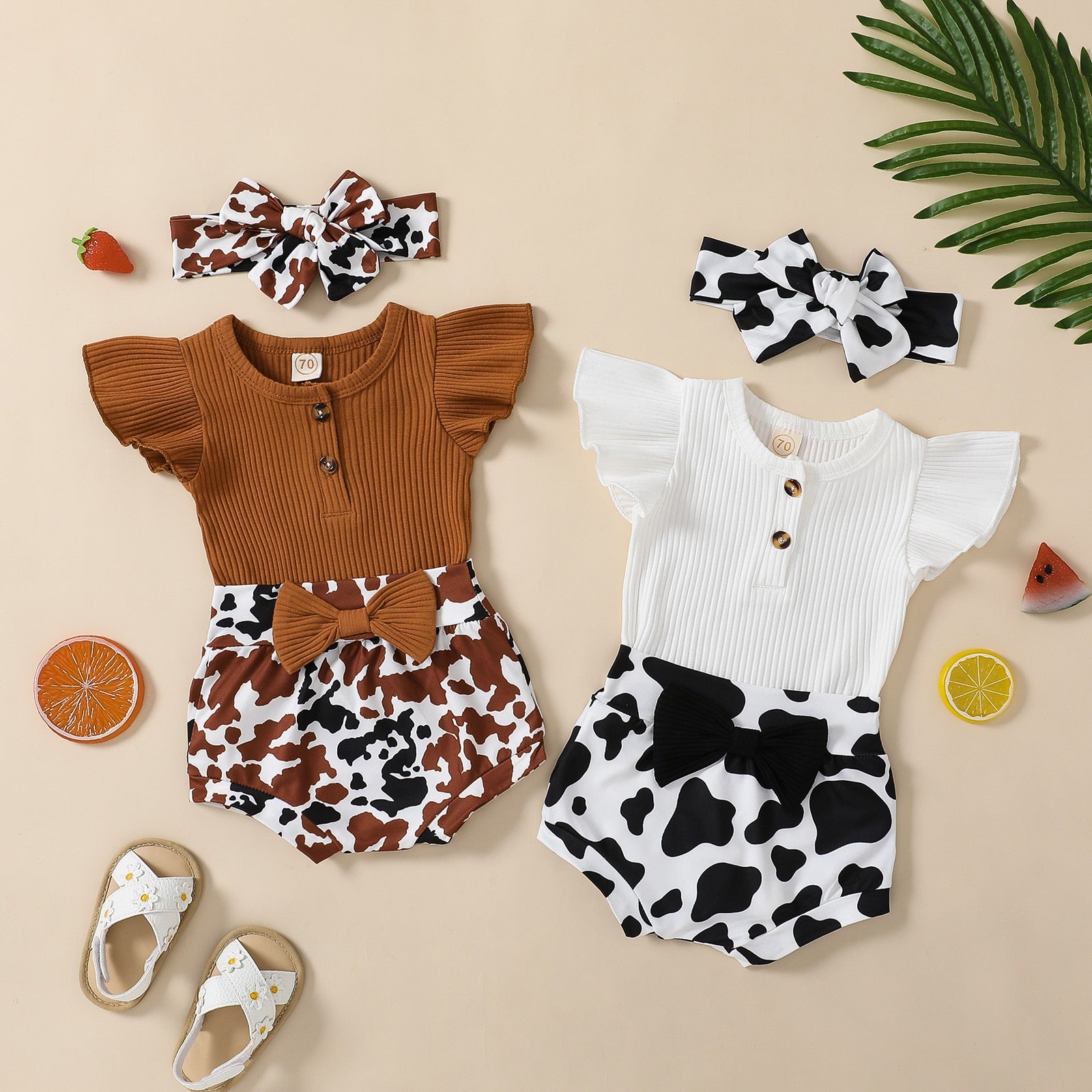 Adorable Summer Baby Girls Clothing Sets with Ribbed Knitted Ruffles Button Bodysuits and Cow Print Shorts