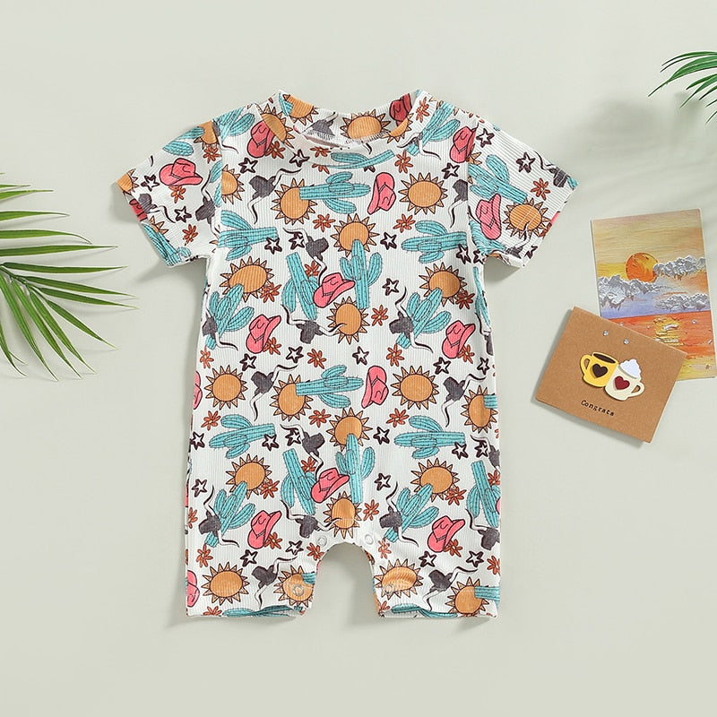 Trendy Summer Clothes for Baby Boys - Ribbed Cactus Sun Print Rompers and Jumpsuits