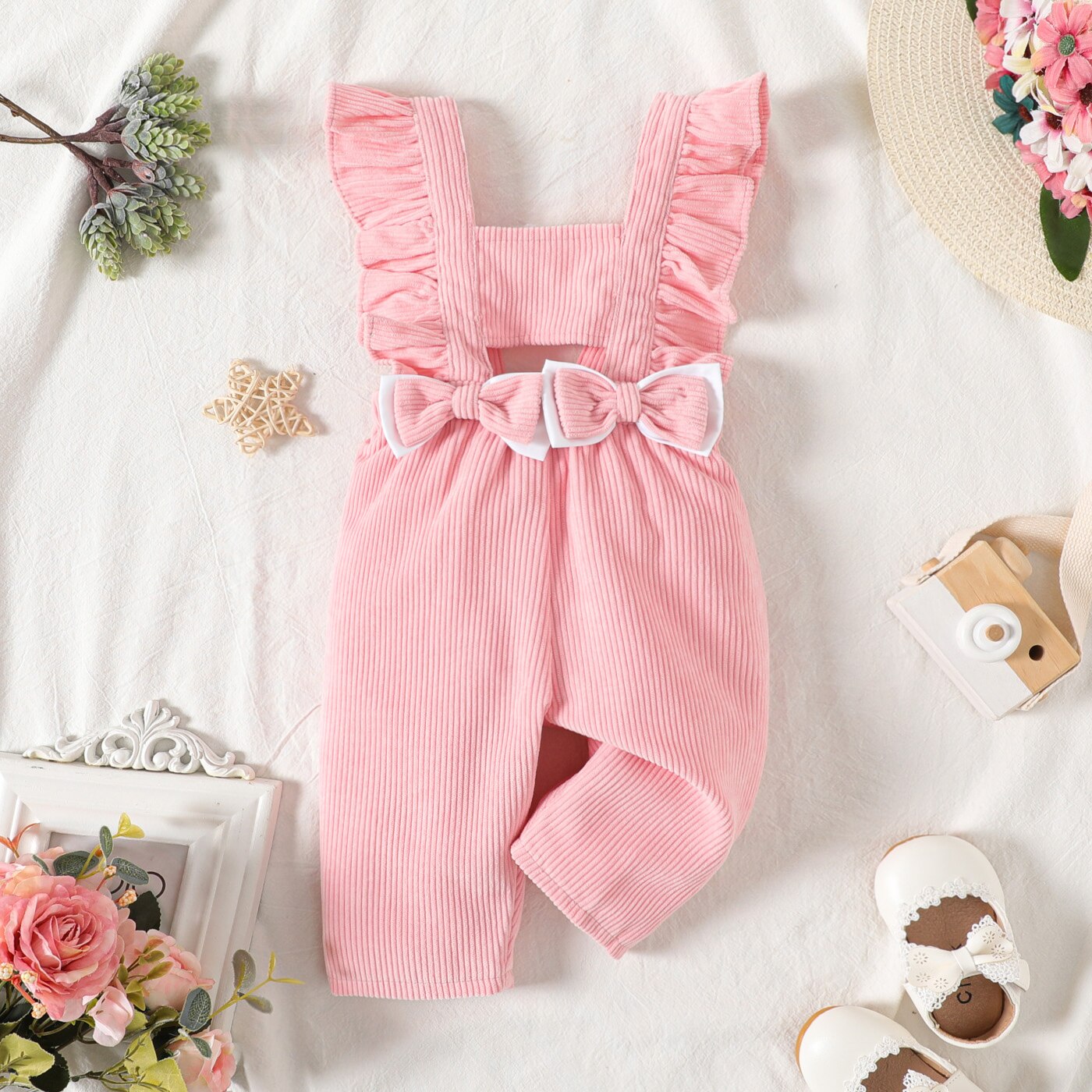 Charming Corduroy Overalls for Newborn Baby Girls with Bow Front and Ruffle Trim