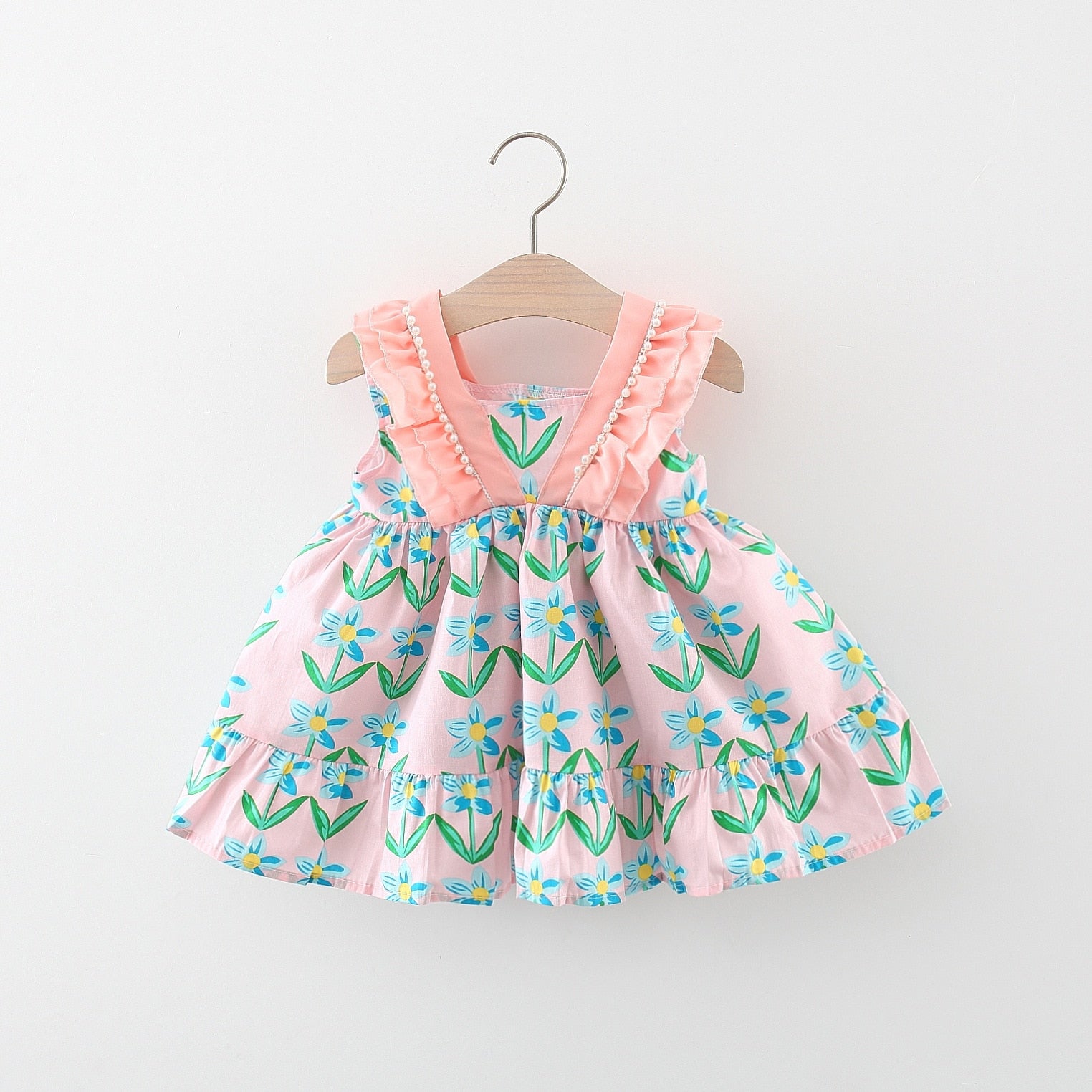 Korean Style Flower Baby Girl Dresses with Double Sloping Shoulders and Pearl Details