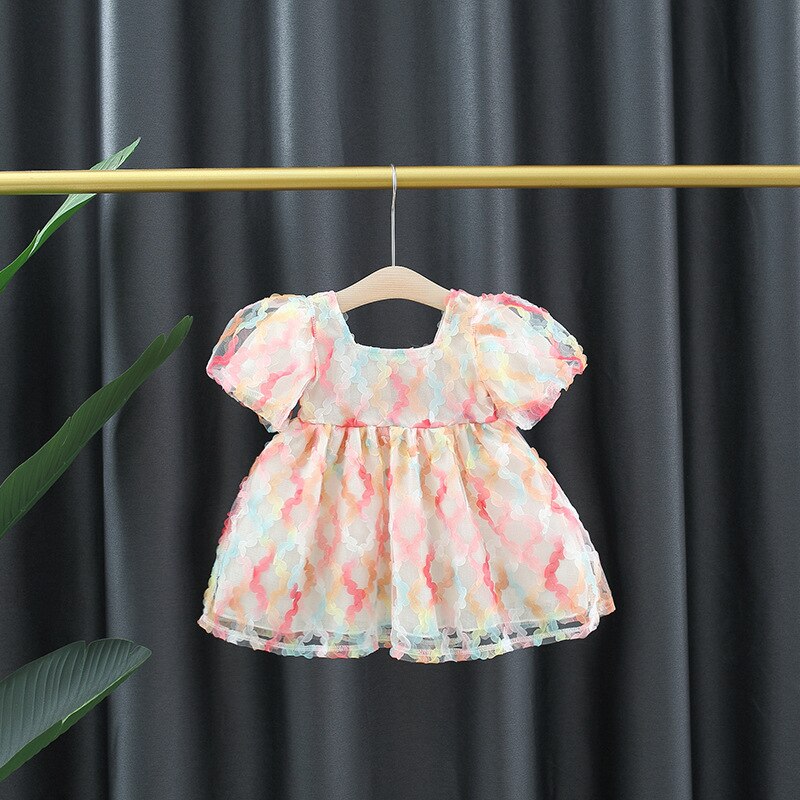 Solid Color Birthday Party Baby Girl Princess Evening Dresses Summer Kids Bowknot Puff Sleeves Children Clothes 0 To 3 Y Toddler