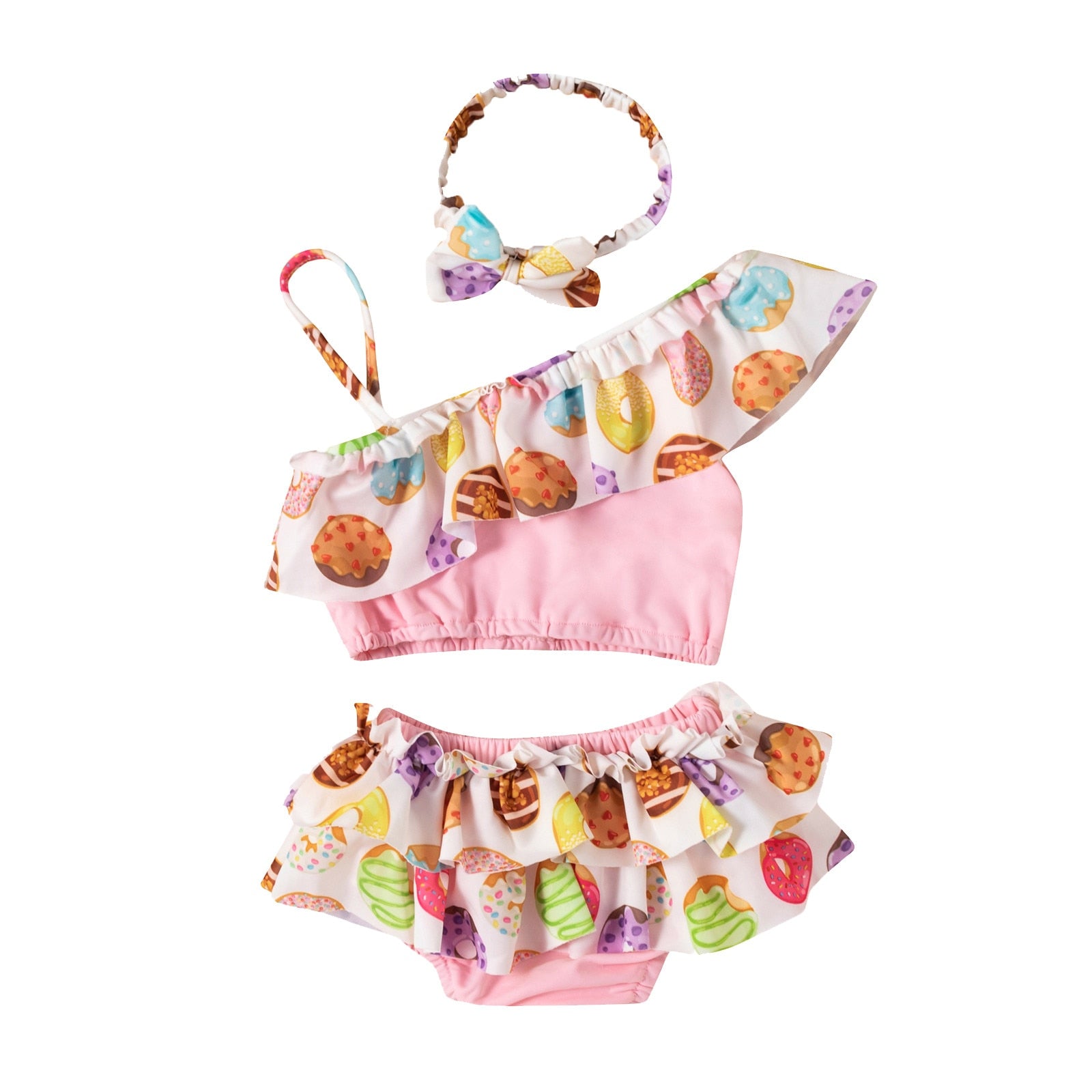 Toddler Girls Donut Print One Shoulder Bikini Swimsuit Set