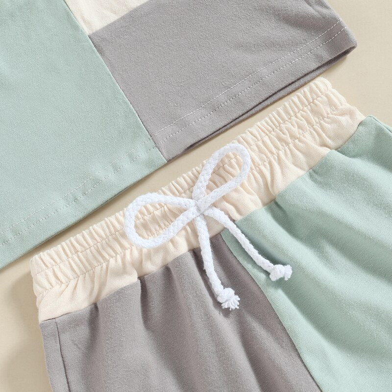 Summer Toddler Clothes: Patchwork Color Short Sleeve T-shirt and Elastic Waist Shorts Outfit for Boys