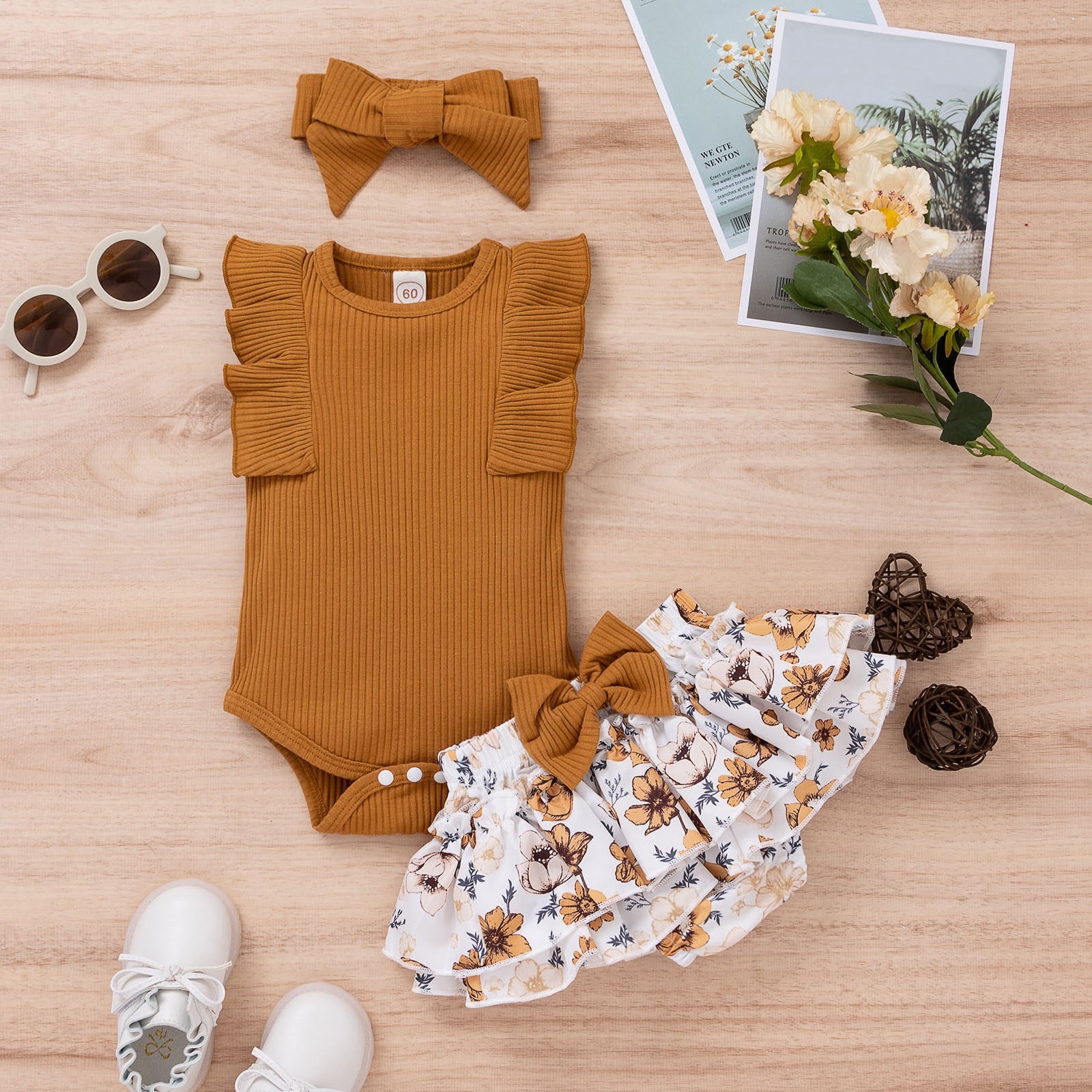 Newborn Girls 3-Piece Summer Outfit - Sleeveless Ribbed Romper, Floral Print Shorts, and Headband Set