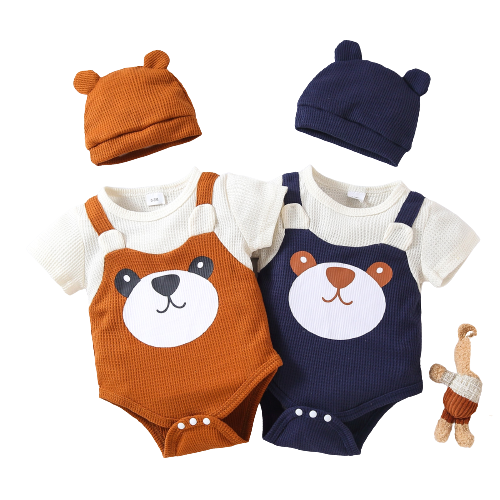 Adorable Baby Bear Graphic Colorblock Waffle Romper for Boys and Girls