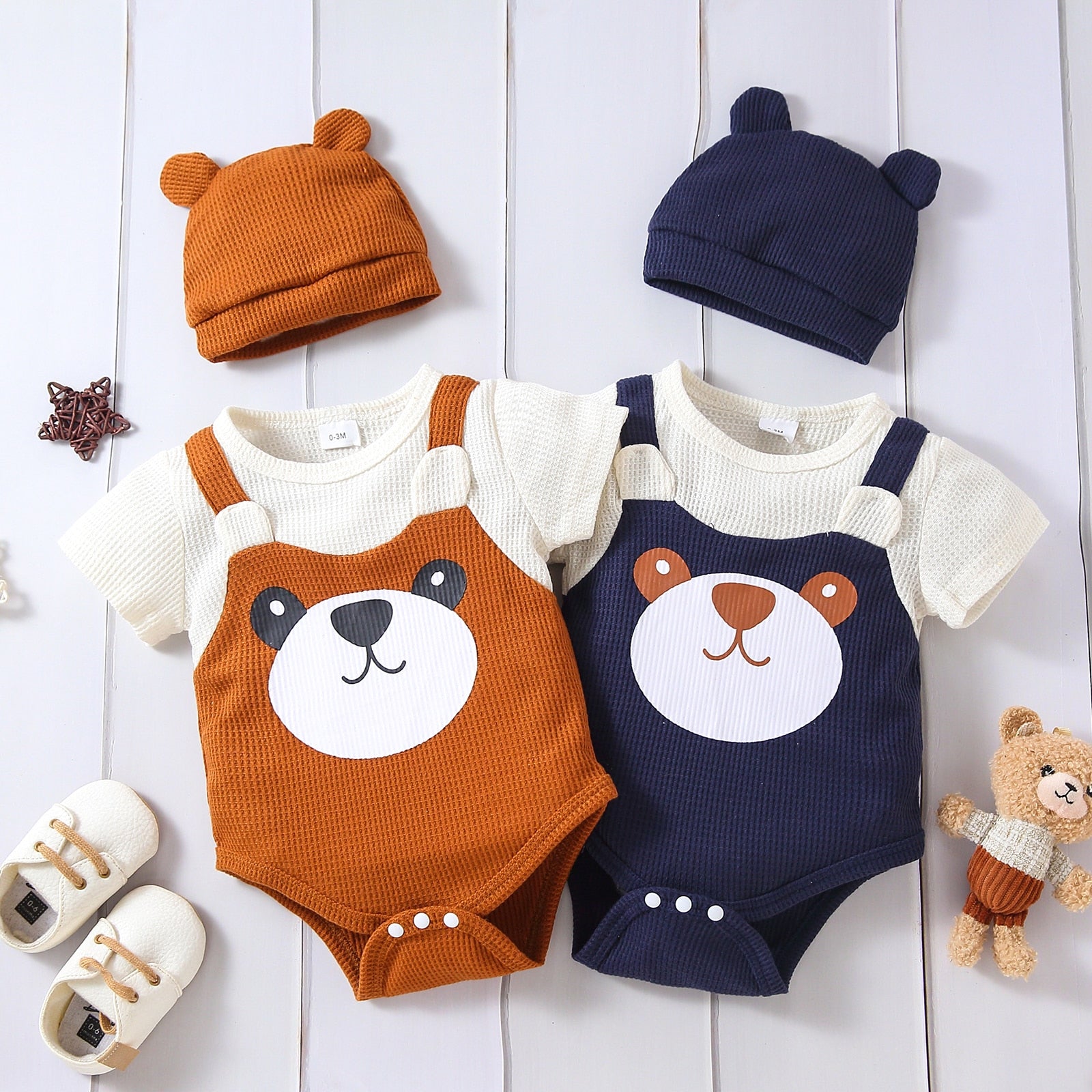 Adorable Baby Bear Graphic Colorblock Waffle Romper for Boys and Girls