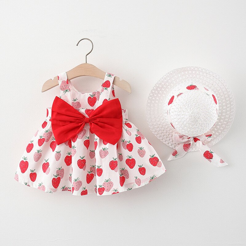 Summer Sweetness - Baby Girl Dress with Strawberry Bow and Hat