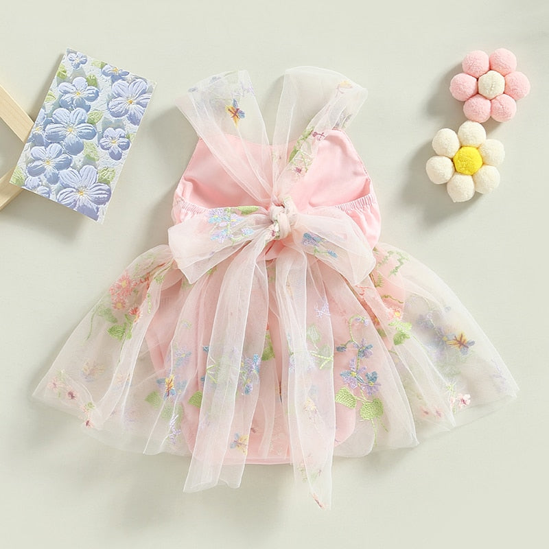 Baby Girl Princess Romper Dress with Floral Embroidery and Lace Mesh - Babbez