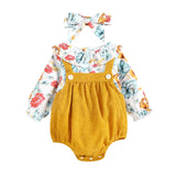 Newborn Baby Girls Romper Printed Fake Two Bodysuit + Headband Sets Infant Outfits