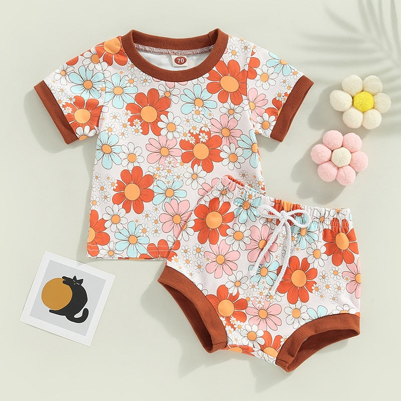 Summer Sunflower Baby Outfits - Short Sleeve T-shirts with Drawstring Shorts for Boys and Girls