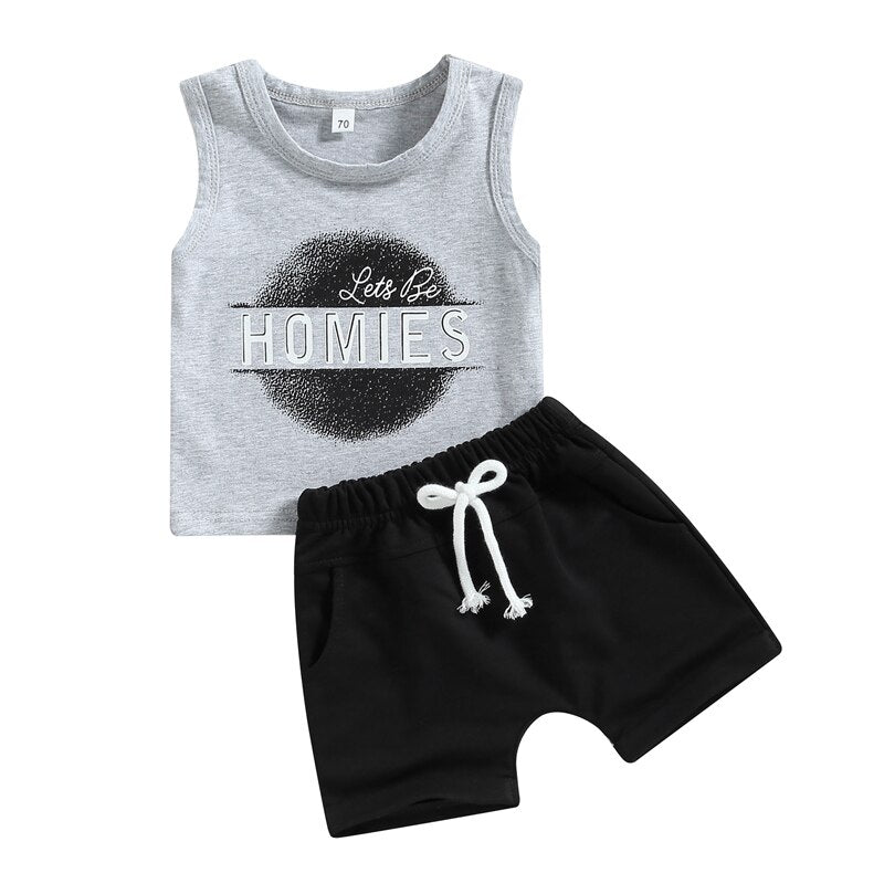 Summer Clothes for Toddler and Newborn Baby Boys: Coconut Tree and Letters Print Tank Tops with Elastic Waist Shorts - Casual Tracksuits