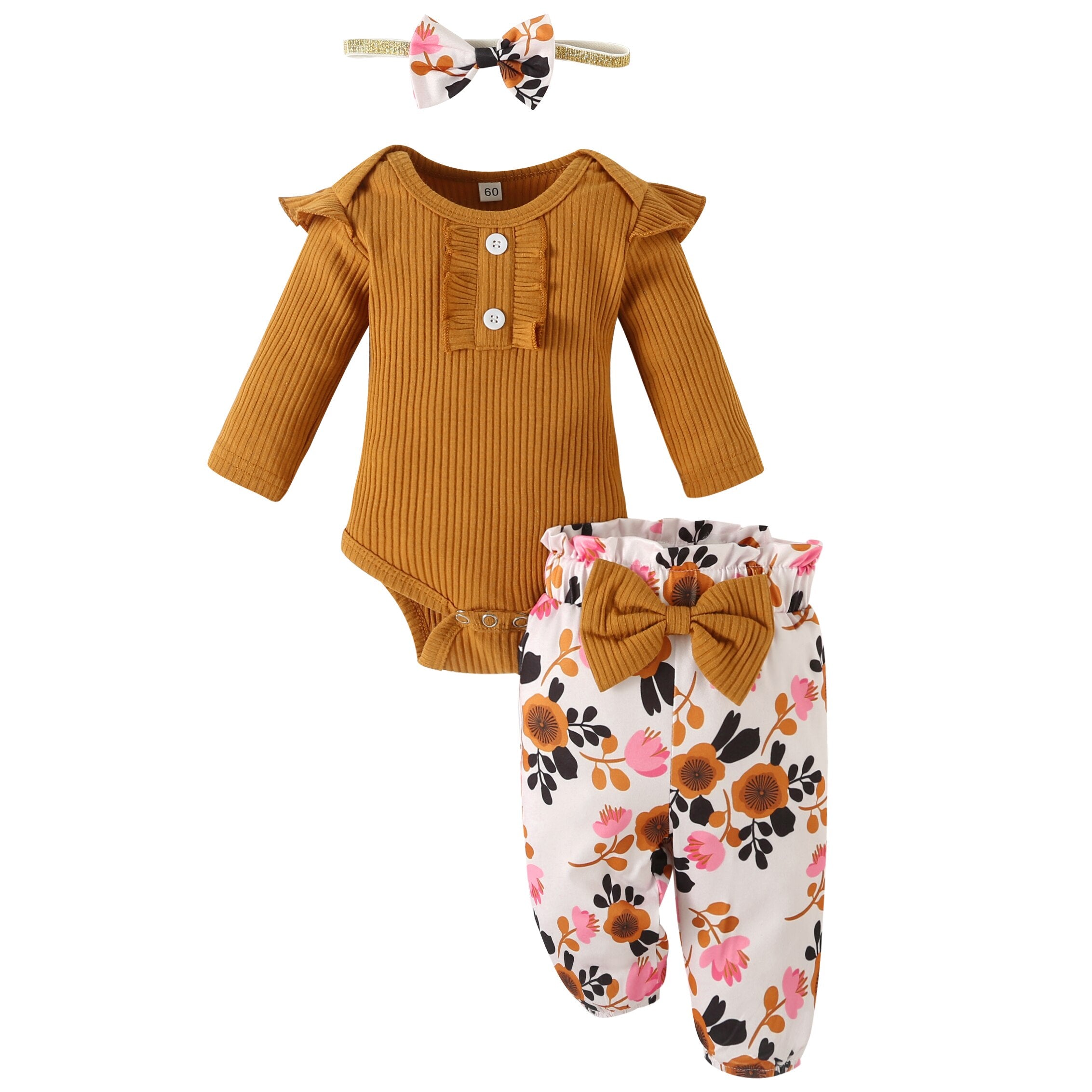 Adorable Newborn Baby Girl Ruffles Romper and Pants Set with Insect Print