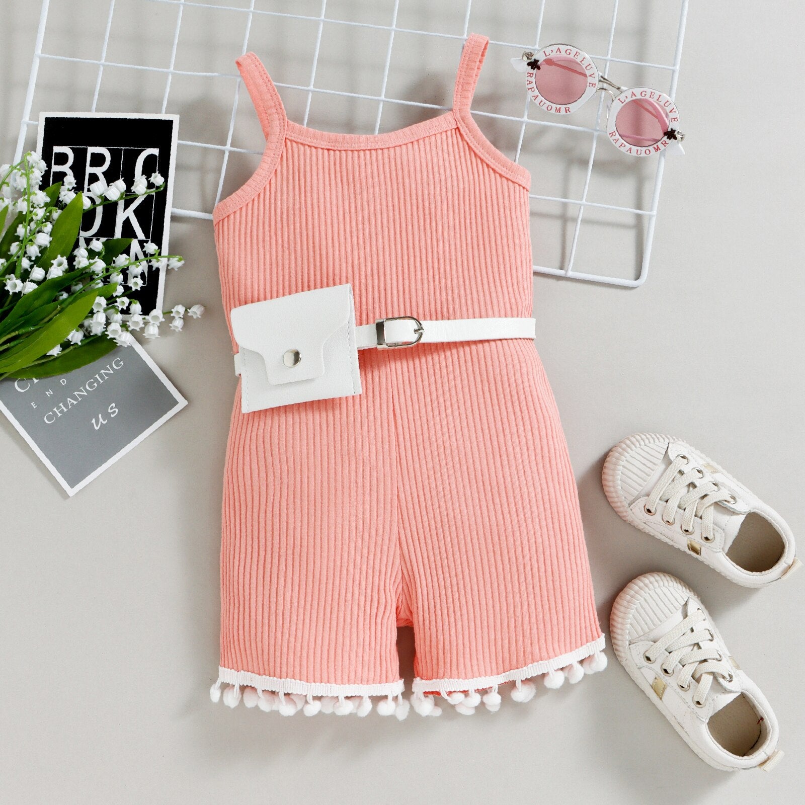 Fashionable Infant Baby Girls' Jumpsuits with Waist Bag and Tassels