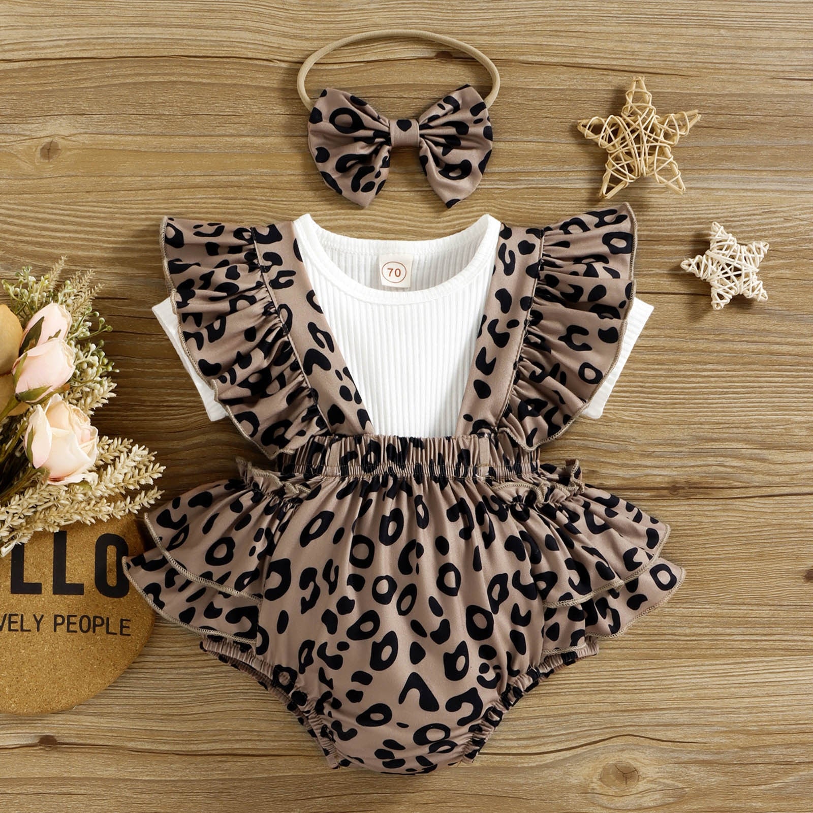 Newborn Infant Baby Summer Clothing Set | Leopard Jumpsuit Bodysuit + Headband + Ribbed T-Shirt | 2 Piece Outfits for Baby Girls