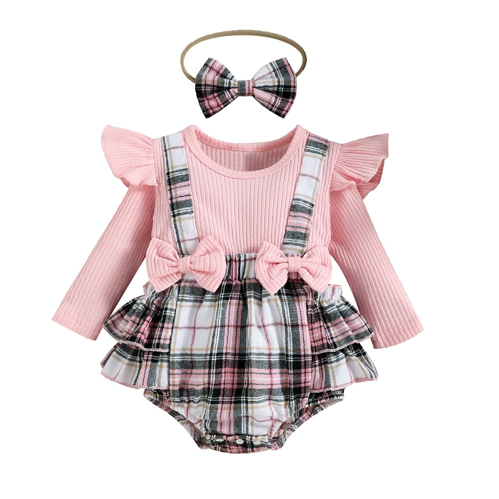 Charming Baby Girl Rompers - Cotton Long Sleeve Dress with Floral Headband