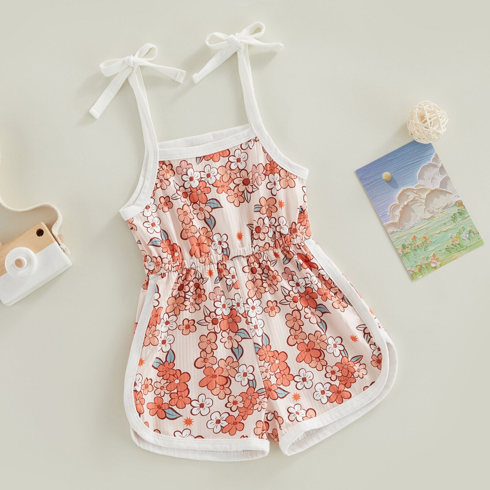 Toddler Kids Girl Summer Jumpsuit Cartoon Flower Print Sleeveless Sling Tie-Up Romper Shorts