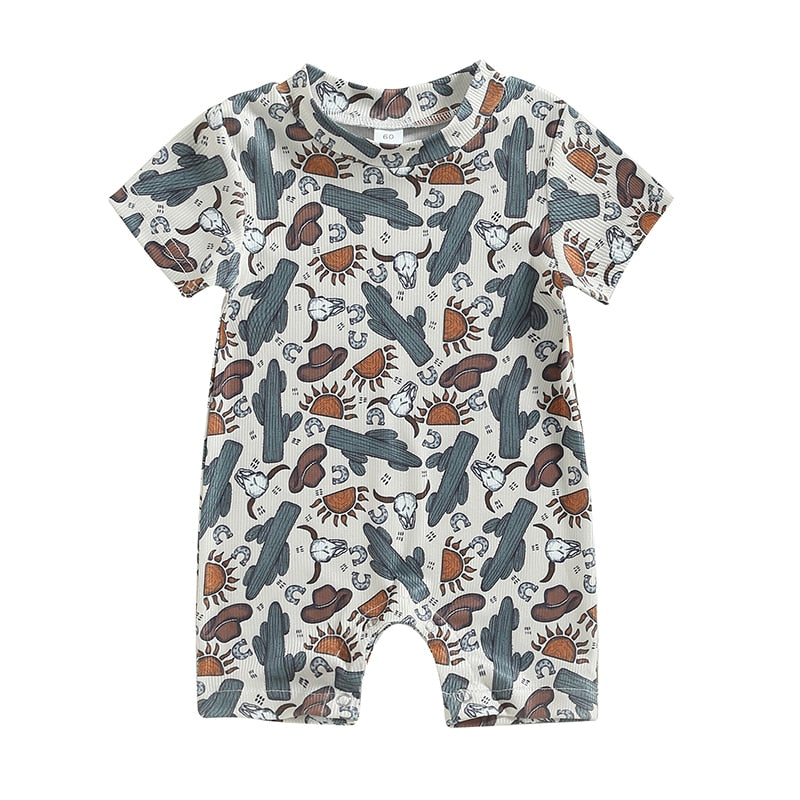 Fashion Baby Summer Clothes for Boys - Ribbed Cactus and Sun Print Short Sleeve O-neck Rompers and Jumpsuits - Newborn Clothing