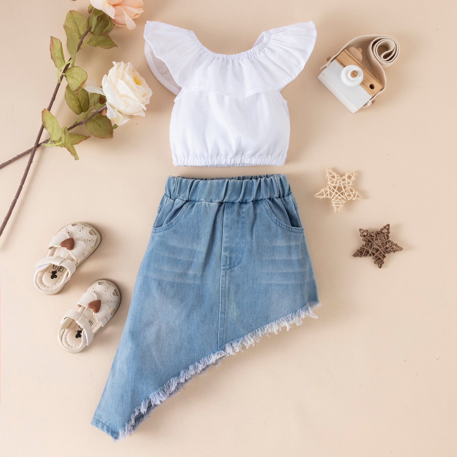 Summer Fashion for Toddler Girls: Short Sleeve Crop Top and Denim Skirt 2-Piece Outfit Set