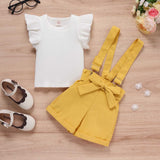 Little Girls Clothes Sets - Ruffle Sleeve T-Shirt and Suspender Shorts