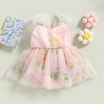 Baby Girl Princess Romper Dress with Floral Embroidery and Lace Mesh - Babbez