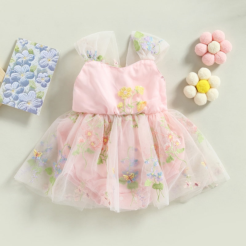 Baby Girl Princess Romper Dress with Floral Embroidery and Lace Mesh - Babbez