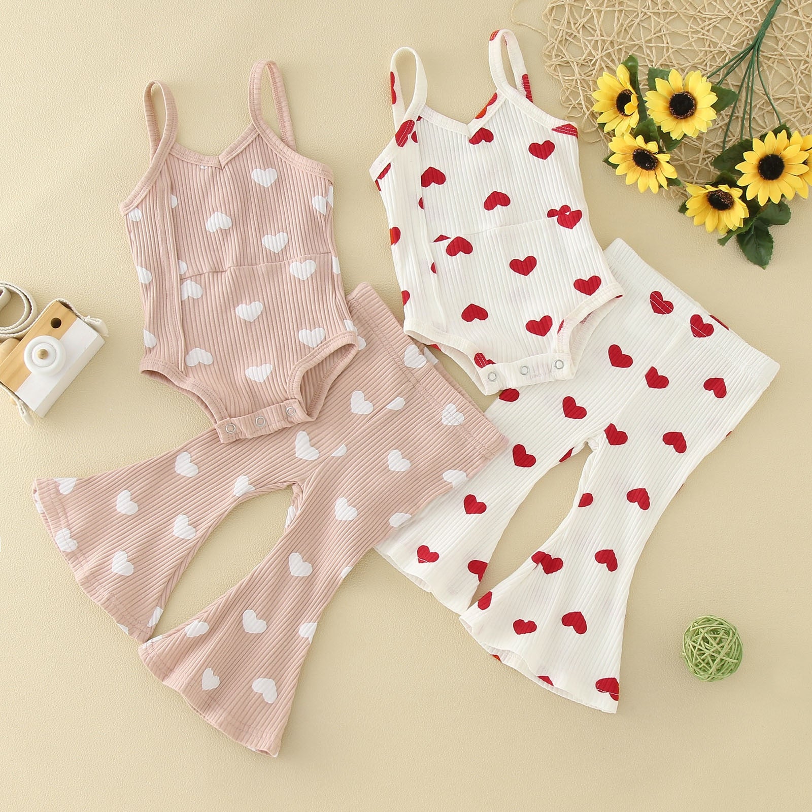 Lovely Valentine's Day Toddler Girls Clothes Set - Heart Print Sleeveless Bodysuit + Flare Long Pants, Summer Outfits