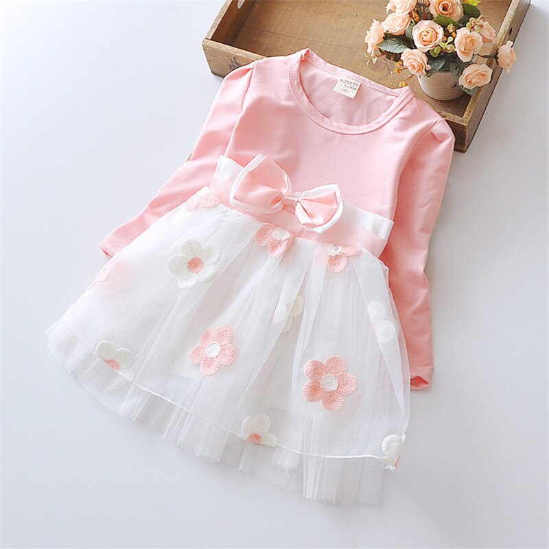 Spring Flower Dresses for Baby Girls with Long Sleeve and Bow Knot