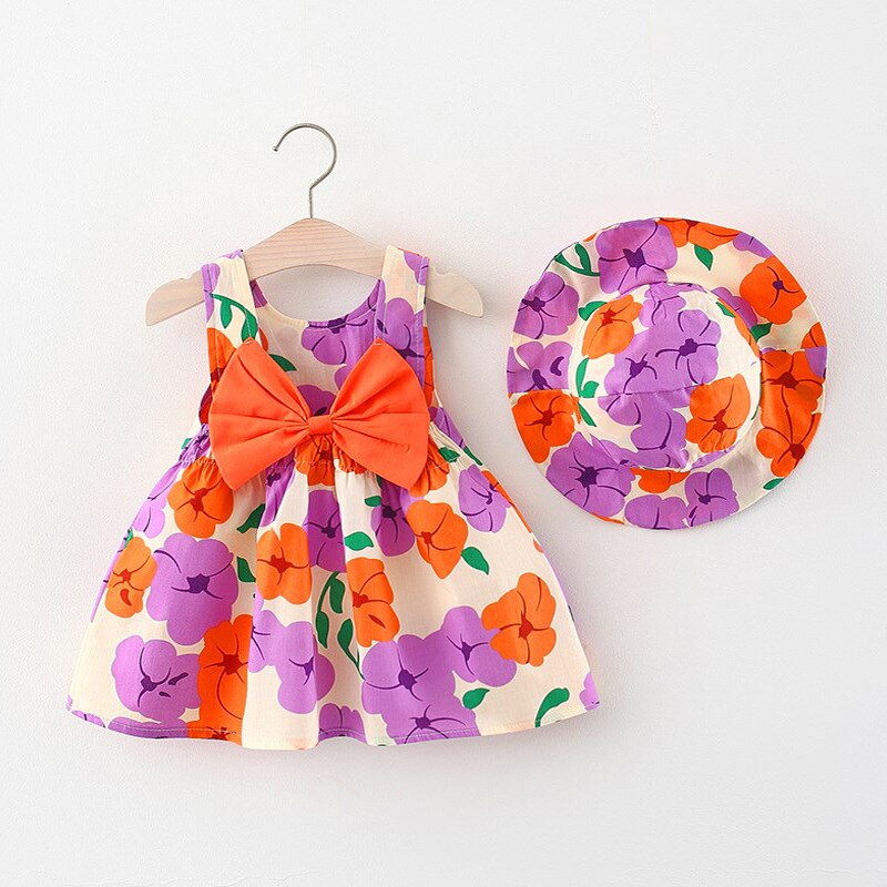 Sweet Summer Flower Baby Girl Dress Set with Bow and Hat