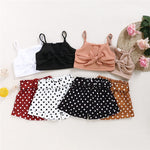 Toddler Baby Girl Summer Clothes Set - Solid Color Strap Bowknot Crop Tops Polka Dot Short Pants Outfits - Babbez