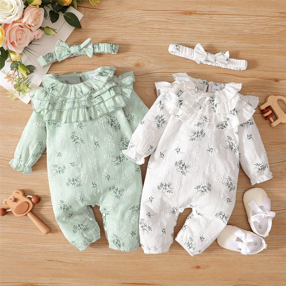 Baby Girl Romper with Flowers and Lotus Leaf Design