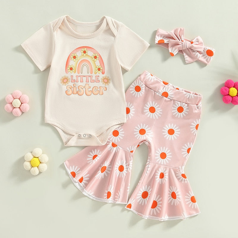 Adorable Newborn Baby Girls Summer Outfits Sets with Rainbow Print and Floral Flared Pants