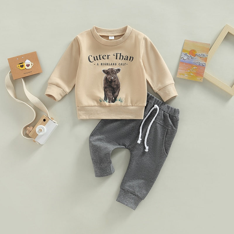 Western Cowboy Style Baby Boy Clothes Set - Cow Print Sweatshirt and Drawstring Pants
