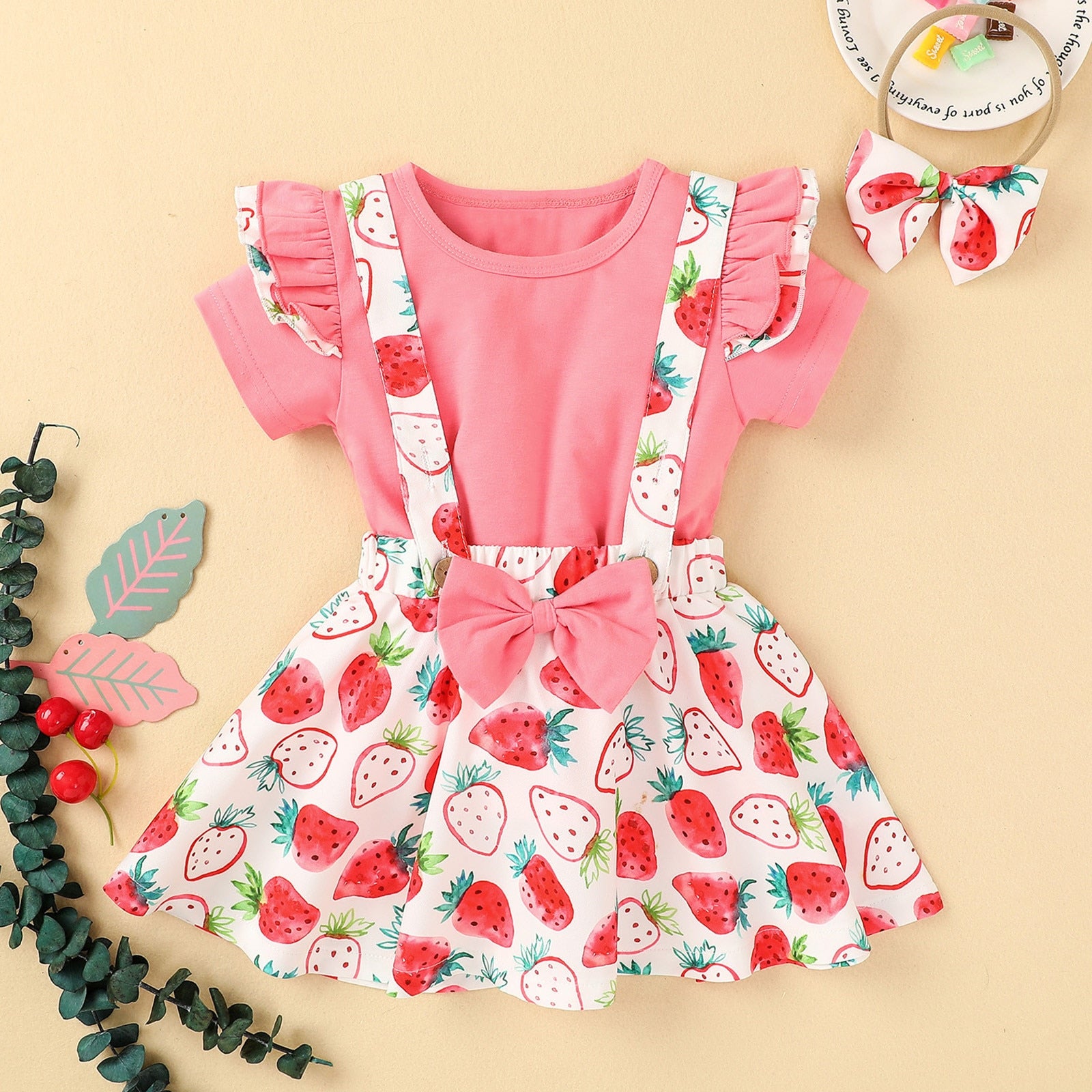 Adorable Summer Outfit for Toddler Baby Girls - Ruffle Sleeve Tops, Suspender Skirts, and Headband Sets