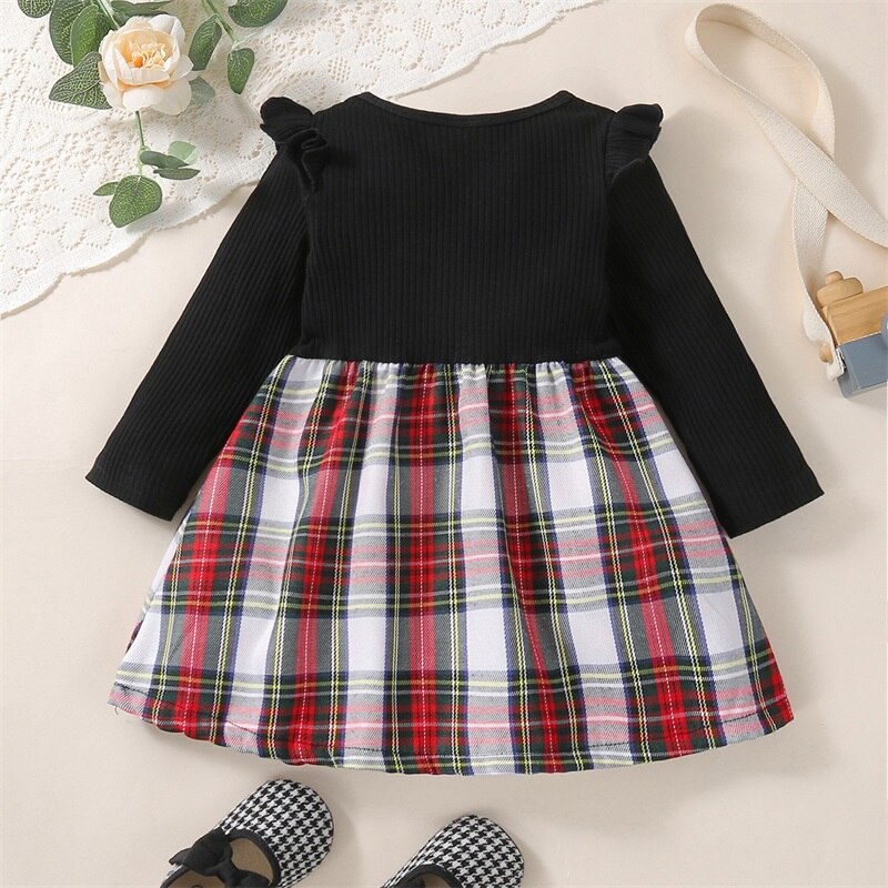 Baby Girl Plaid Dress with Ruffles and Long Sleeves - Babbez