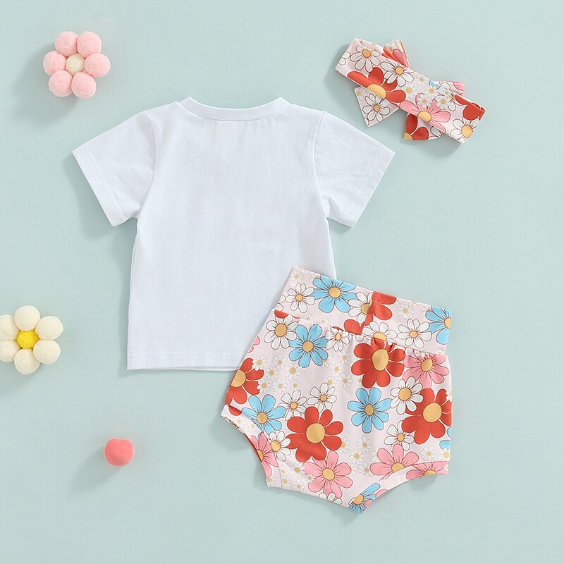 Summer Infant Baby Girl 3-Piece Outfit Set with Letter Print T-Shirt, Floral Shorts, and Headband