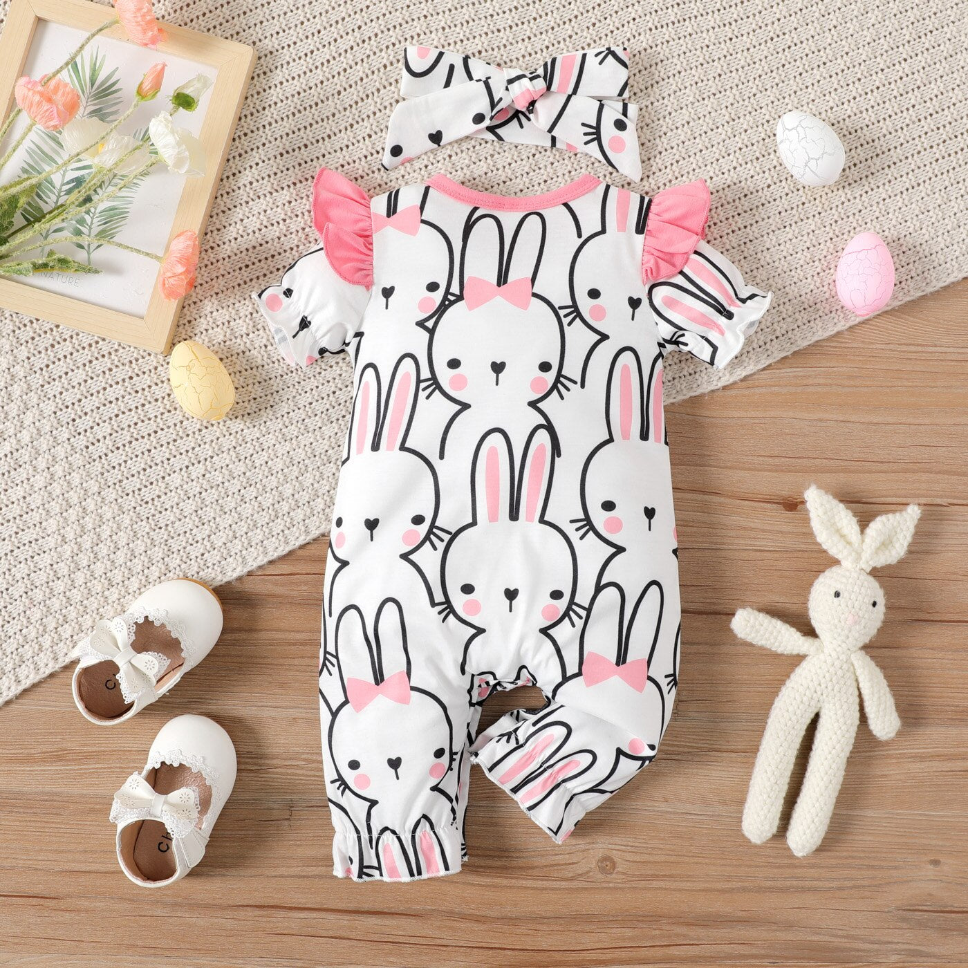 Easter Bunny-themed Baby Girl Jumpsuit and Headband Set