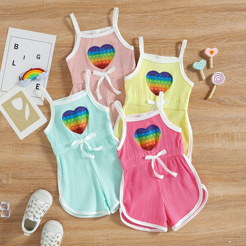 Adorable Summer Jumpsuits for Kids Girls: Heart Print Strap Playsuits