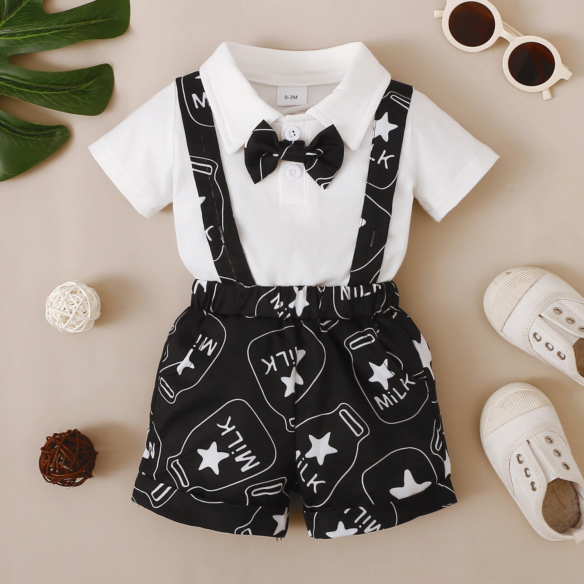 Stylish Baby Boy Clothes Set with Letter Print Necktie Romper and Overalls