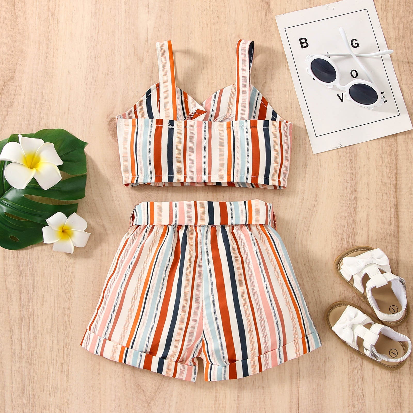 Fashionable Toddler Girls Striped Vest and Bowknot Shorts Set