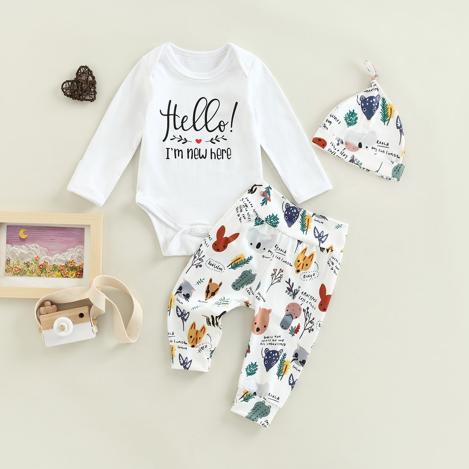 Adorable Infant Newborn Baby Clothes Set with Letter Romper, Cute Animal and Floral Print Pants, and Hat