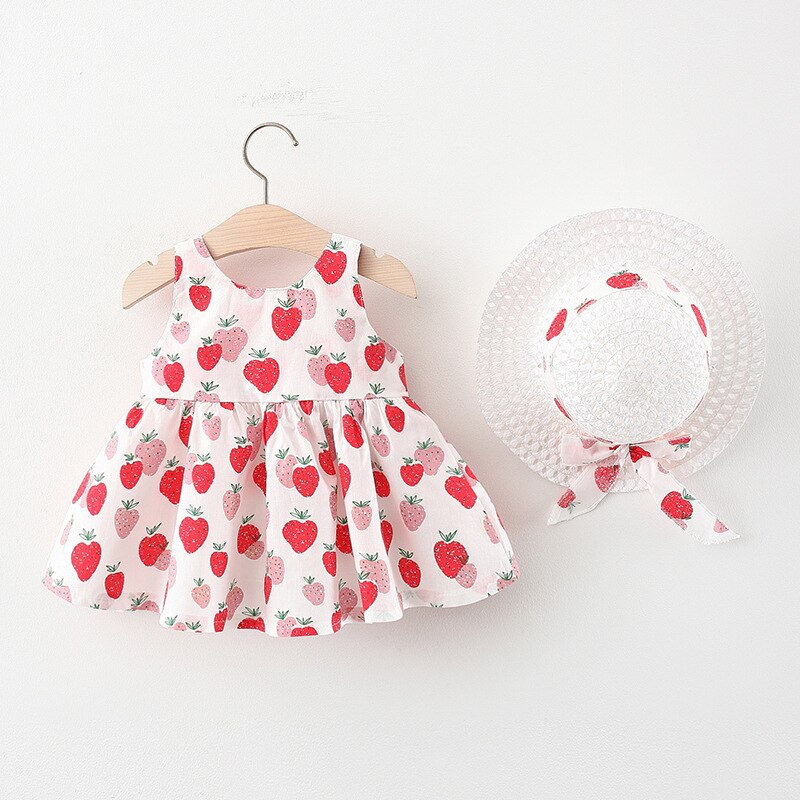 Summer Sweetness - Baby Girl Dress with Strawberry Bow and Hat